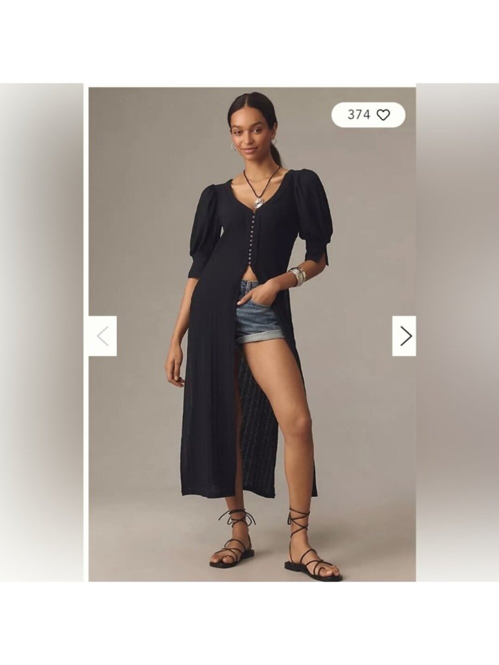 By Anthropologie Sheer Ribbed Button Front Tunic Woman XL Black Puff Sleeve BOHO